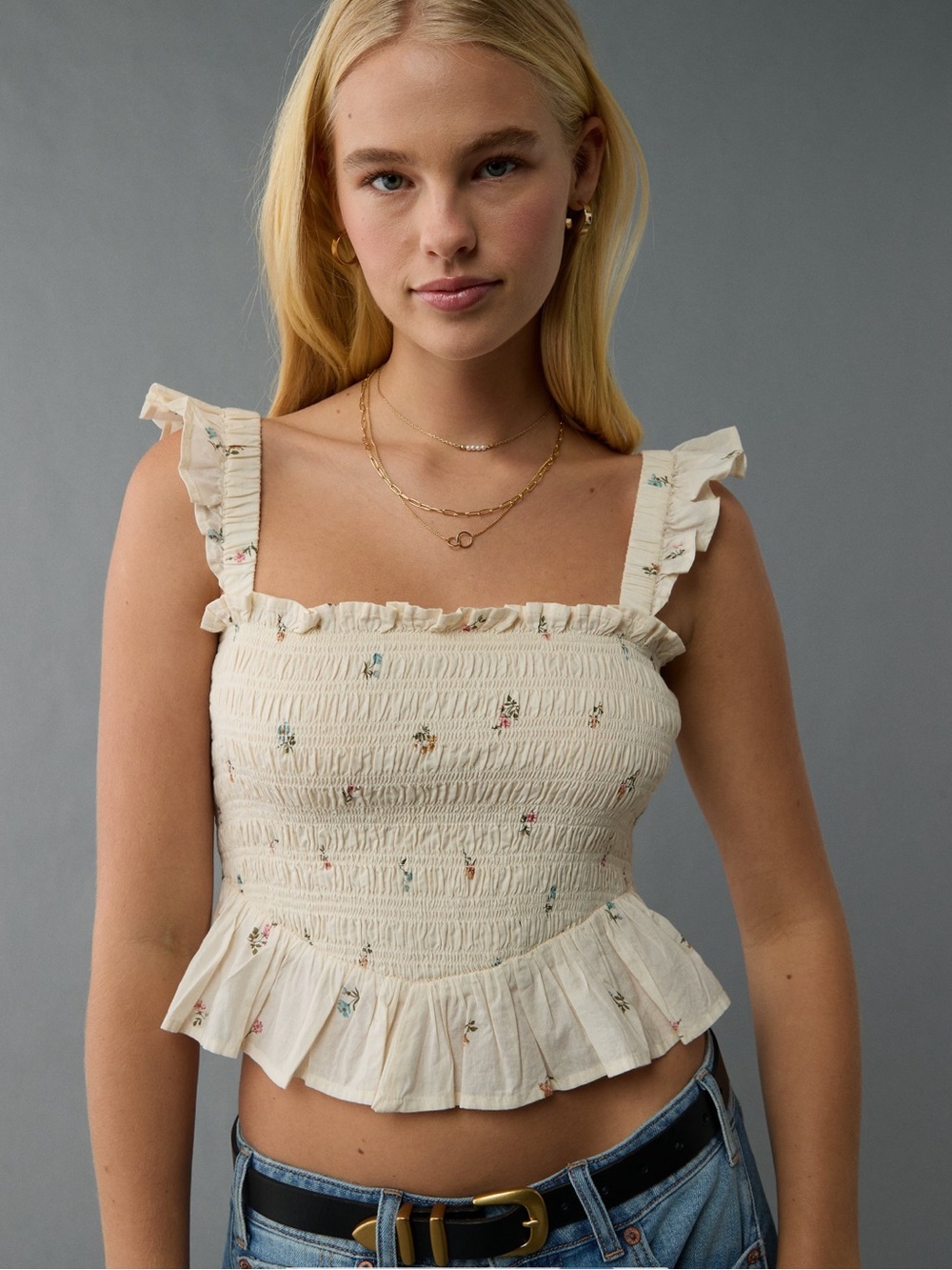 American Eagle Cream Smocked Floral Ruffle Crop Top NWOT